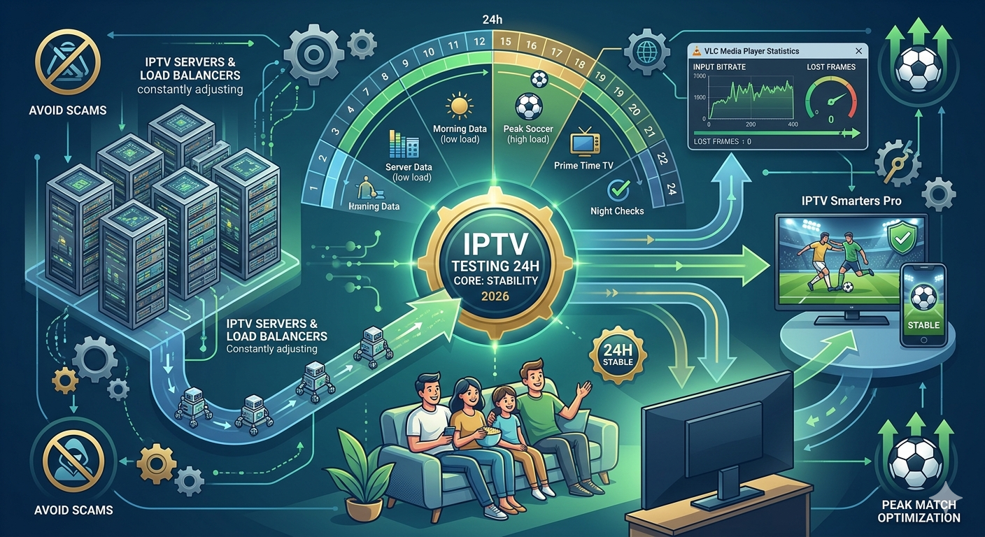 Illustration showing IPTV TESTING for 24-hour core stability, featuring servers, load balancers, monitoring tools, graphs, security checks, and a family watching TV. Arrows highlight optimized and stable streaming flow throughout the process.