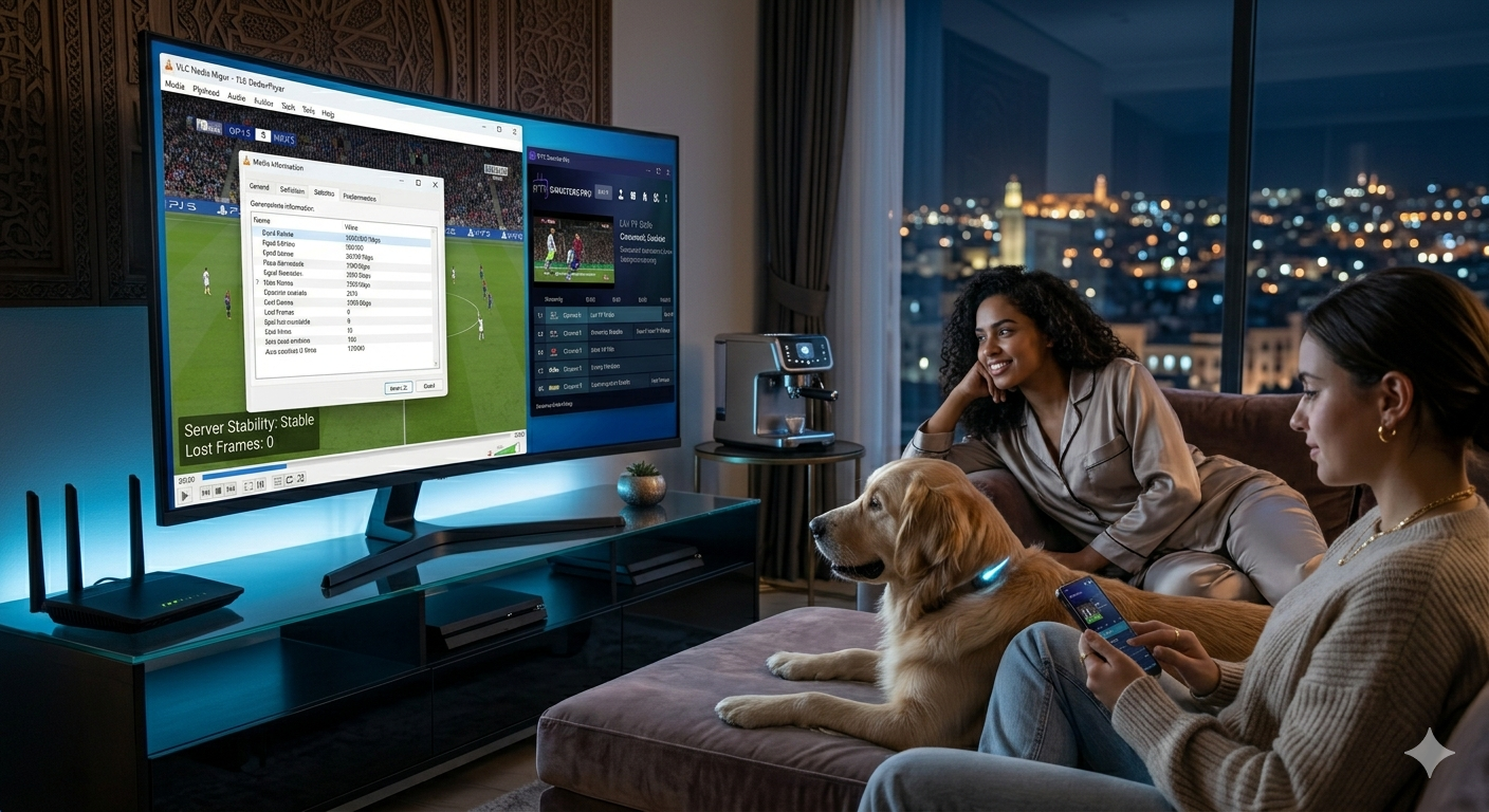 Two women and a golden retriever relax in a modern living room at night, watching a soccer match on IPTV TESTING on a large TV. One woman holds a phone while the other smiles, with city lights shining through the window.