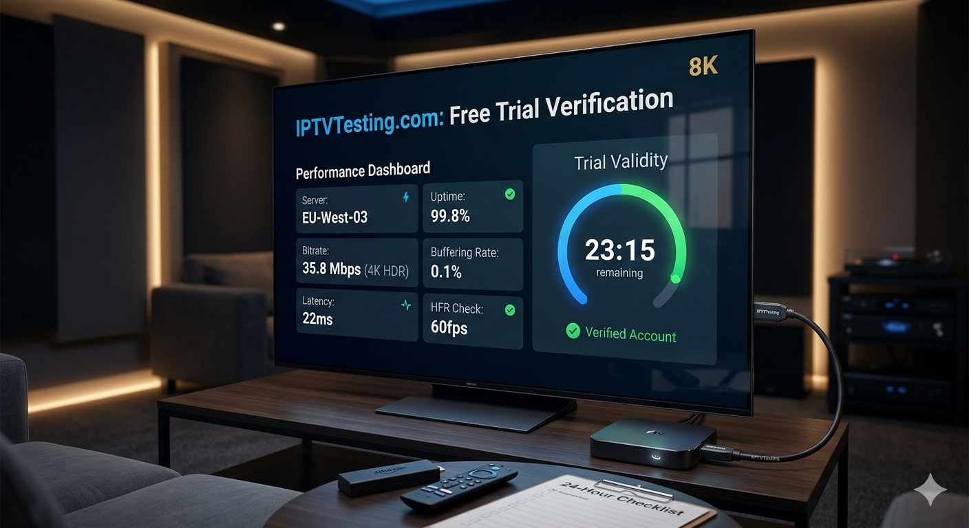 A modern living room with a large 8K TV displaying an IPTV TESTING dashboard, highlighting trial validity, internet speed, and server performance. A streaming device, remote, and checklist are neatly arranged on the table nearby.