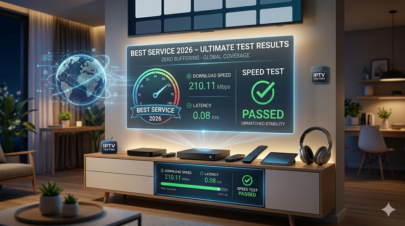 A modern living room with a TV displaying IPTV TESTING results: download speed 210.11 Mbps, latency 0.08 ms, and a “Speed Test Passed” message. Various electronic devices sit on the cabinet below.