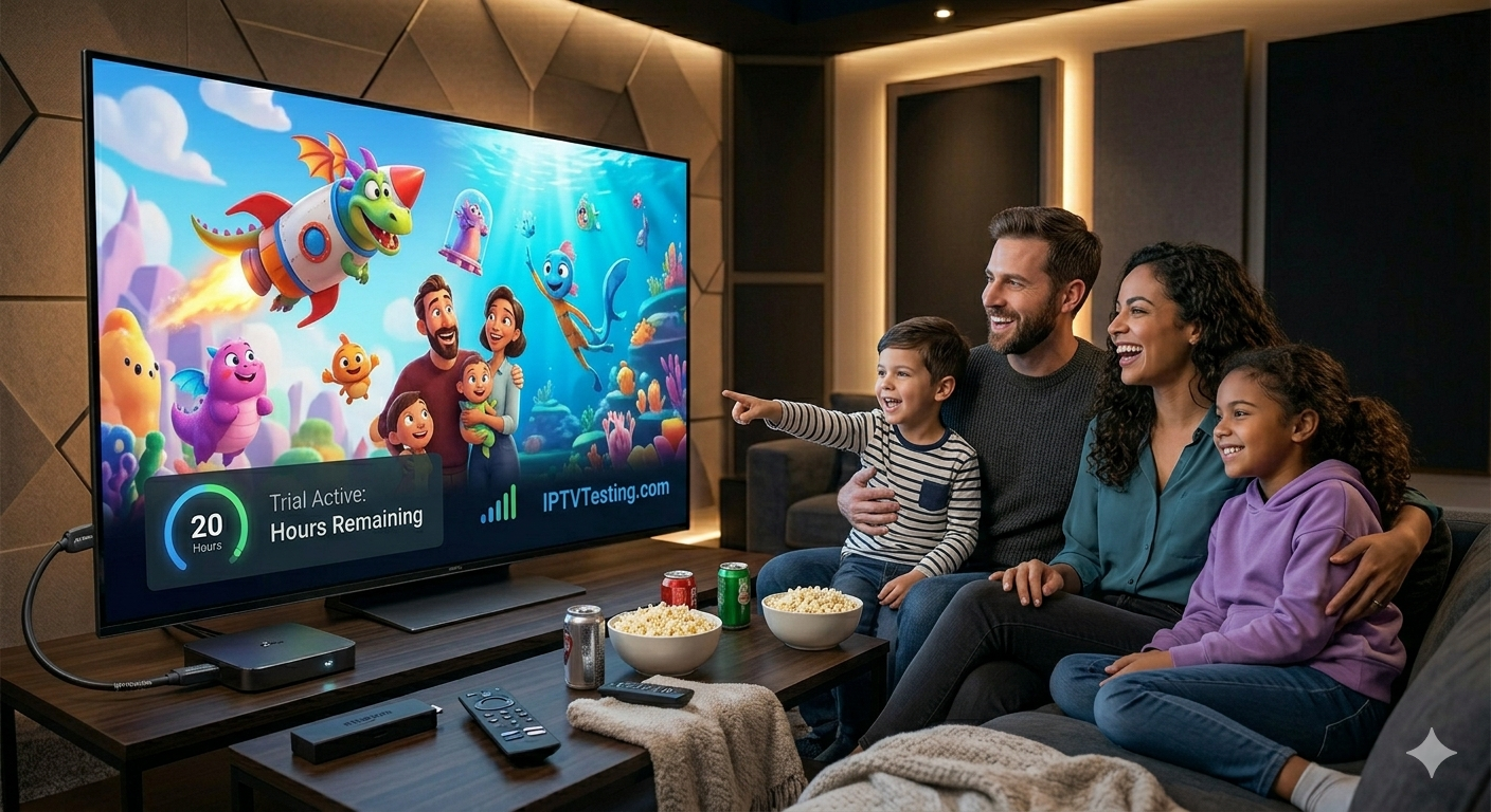 A family of four sits on a couch in a cozy living room, smiling and watching an animated show on a large TV. The screen displays colorful cartoon characters along with an IPTV TESTING message. Popcorn and drinks are on the table.