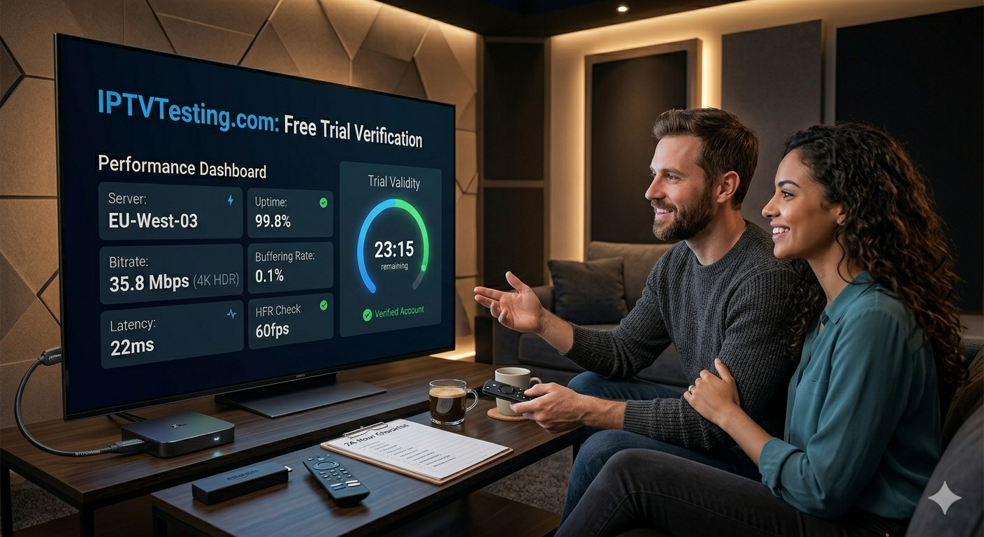 A man and woman sit on a couch smiling and watching a large TV displaying an IPTV TESTING dashboard with stats like speed, uptime, and a trial countdown. A remote, phone, and notepad are on the table in front of them.