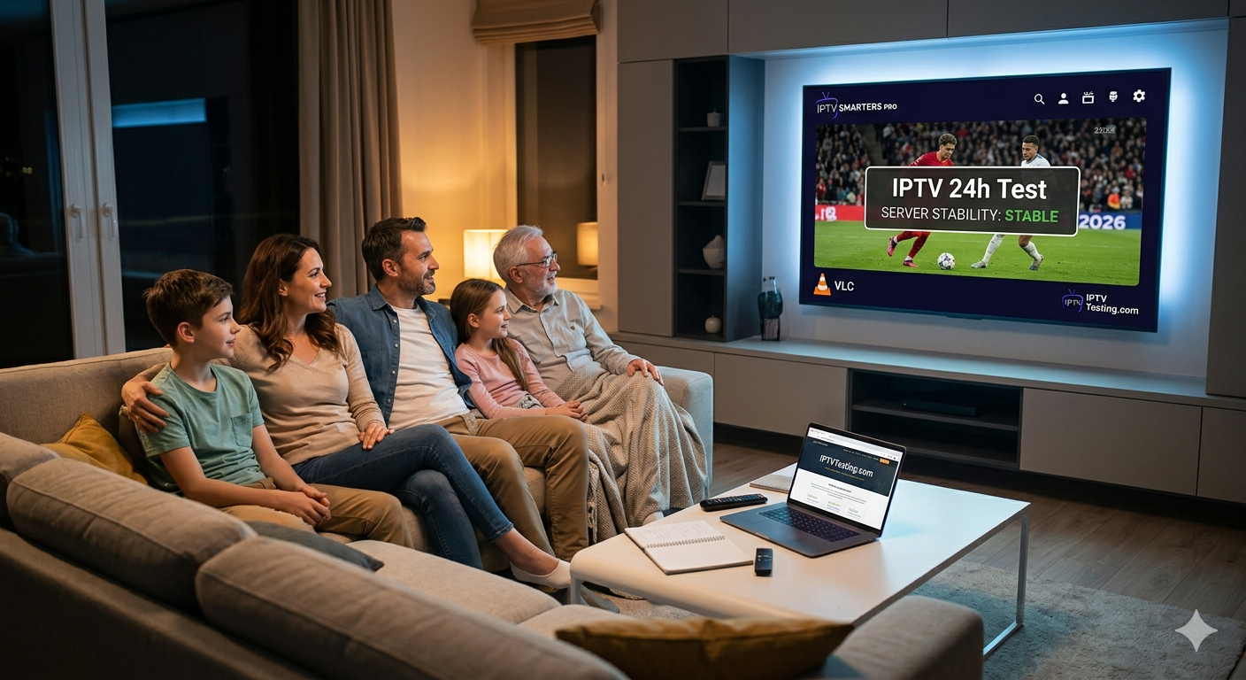 A family of five relaxes on a cozy living room sofa, watching IPTV on a large TV screen. On the table, a laptop streams the same IPTV service for IPTV testing, ensuring smooth viewing across multiple devices.