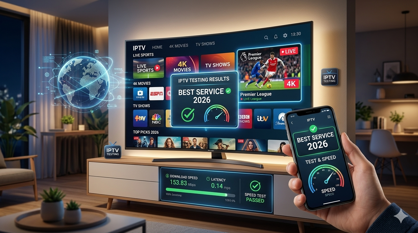 A person holds a smartphone displaying IPTV TESTING speed results in front of a smart TV showing “Best Service 2026” and various streaming options, with a glowing globe hologram to the left, all in a modern living room.