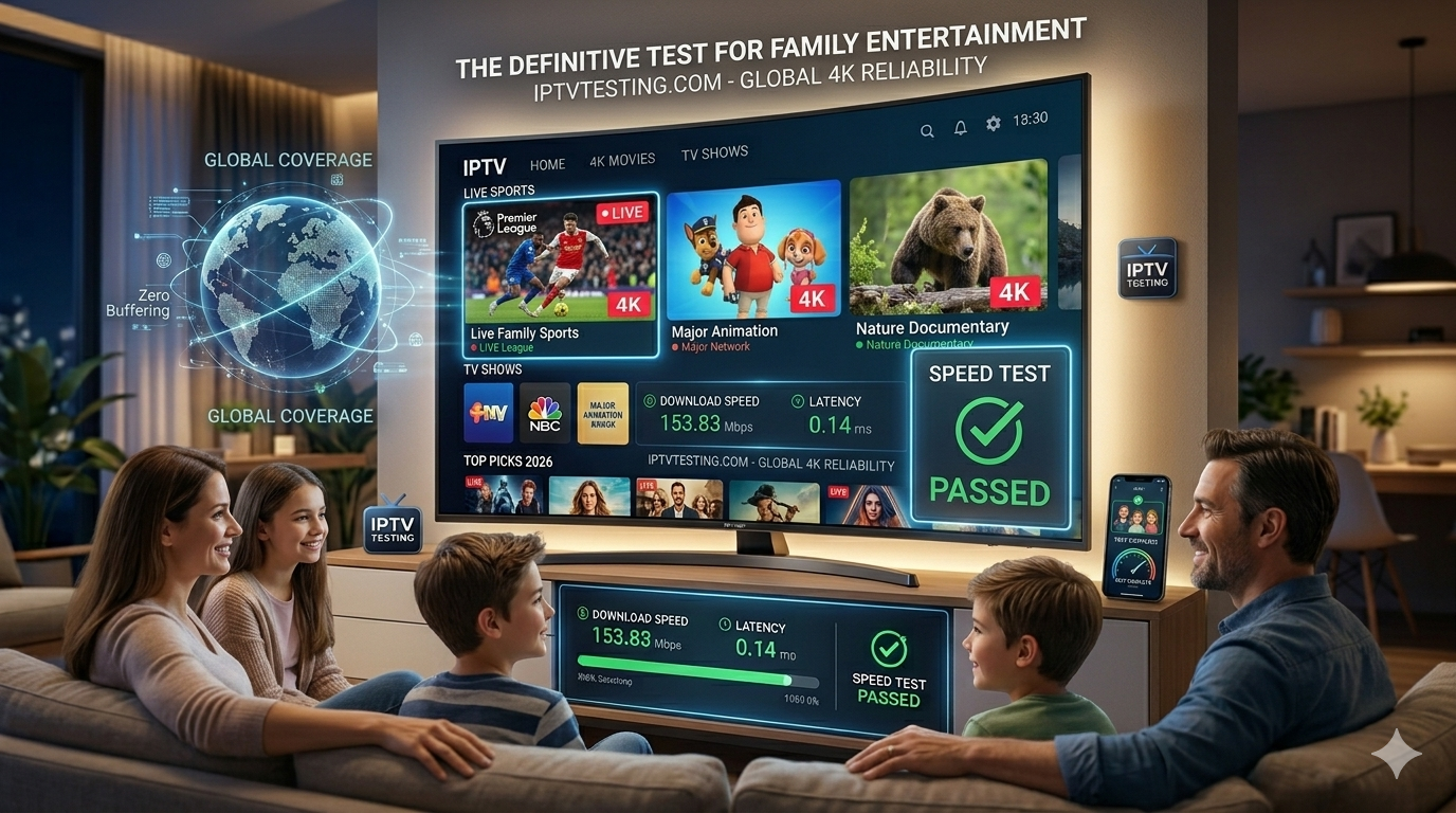 A family of four sits on a couch watching a large TV displaying IPTV TESTING services, featuring live sports, movies, and a speed test marked “PASSED.” Graphics highlight global coverage and reliable IPTV streaming.