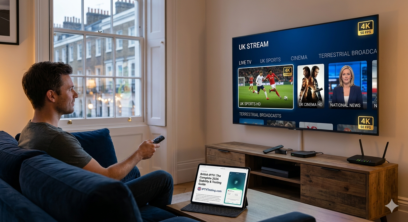 A man sits on a couch in a modern living room, using a remote to browse IPTV TESTING channels on a large TV displaying UK streaming options. A laptop and smartphone are on the table in front of him.