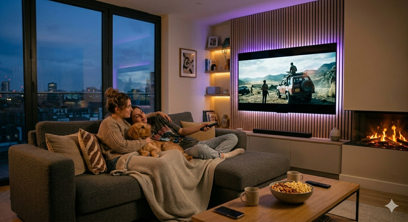 A couple relaxes on a sofa with a dog, enjoying IPTV TESTING while watching a movie on a wall-mounted TV in a cozy living room with large windows, a fireplace, snacks, and warm lighting.