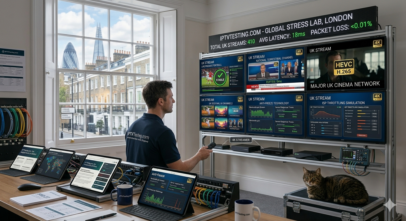 A man in a tech lab monitors multiple screens displaying data and IPTV TESTING video streams. He sits by a window overlooking London buildings, with laptops, cables, and a cat lounging on the desk.