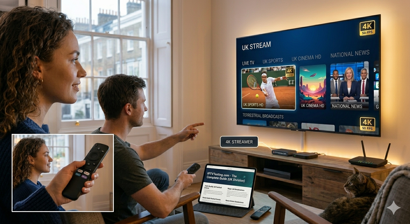 A couple sits on a sofa enjoying UK streaming services via IPTV TESTING on a large TV. The man holds a remote, the woman smiles, and their cat rests nearby. An inset reveals a close-up of the woman using a remote.