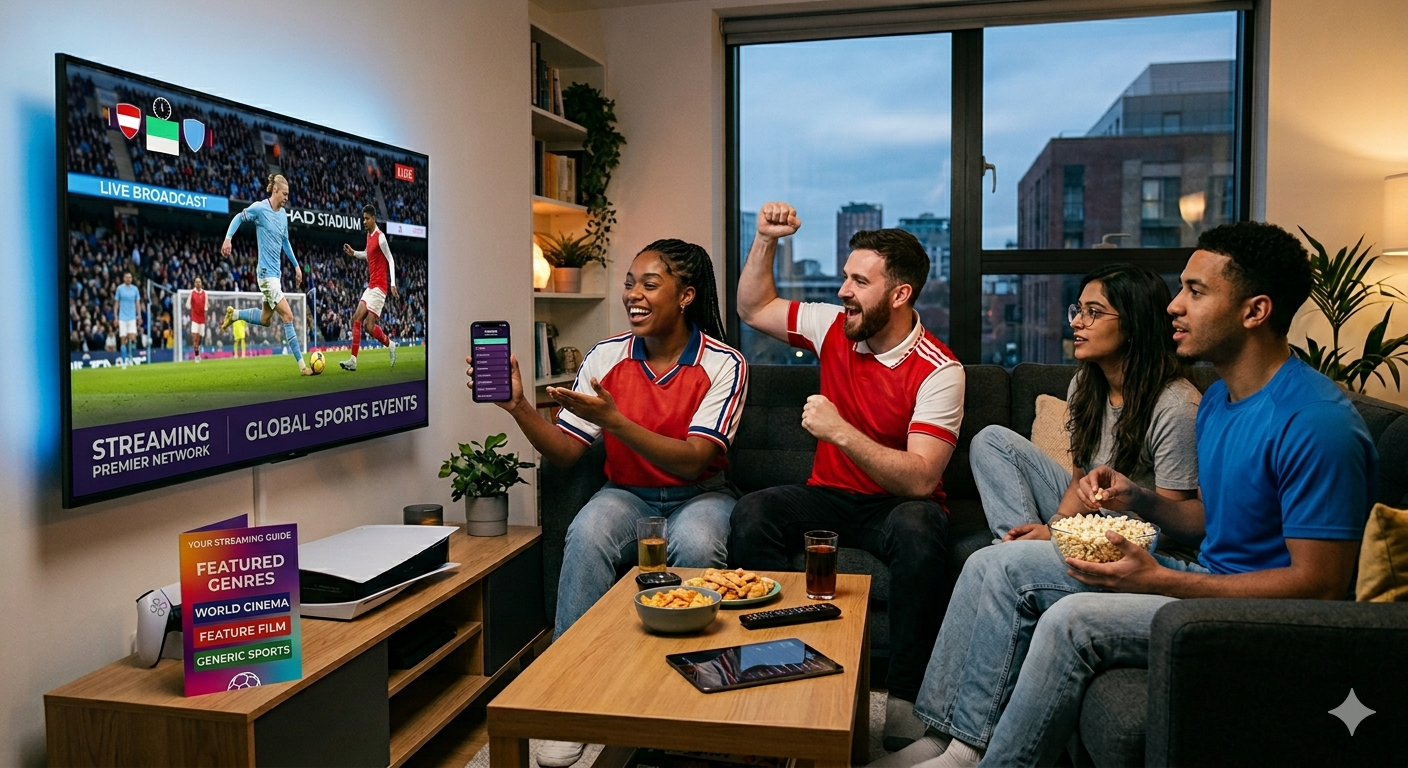 Four friends sit on a couch, cheering and watching a soccer match via IPTV testing on TV in a modern living room. Snacks and drinks are on the table, one holds a tablet, and everyone looks excited and engaged with the game.