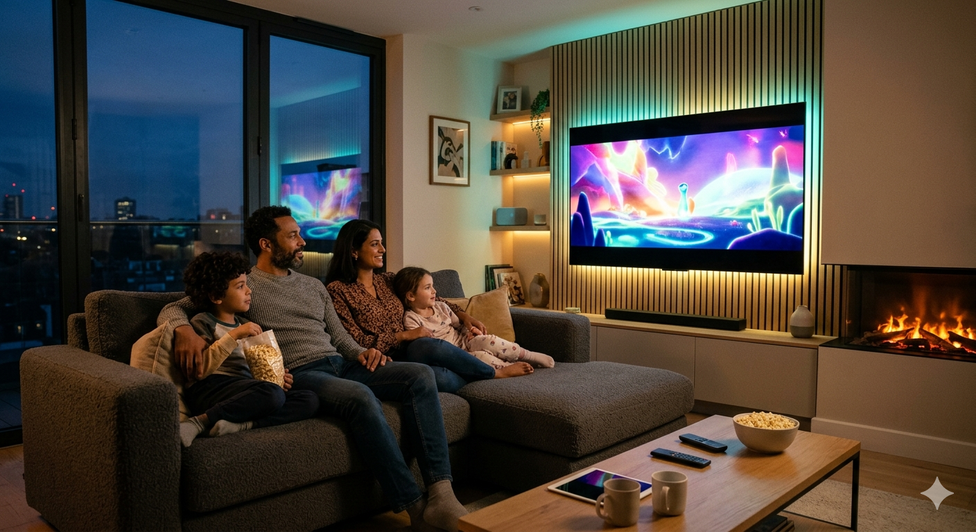 A family of four sits on a couch in a cozy living room at night, enjoying an IPTV testing session as they watch a colorful animated movie on a wall-mounted TV. Popcorn and a glowing fireplace create a relaxed atmosphere.