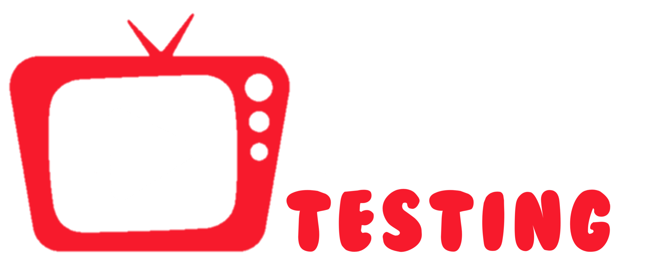 A red retro TV icon with a play button and the text IPTV TESTING; IPTV is in white, and TESTING is in bold red letters.