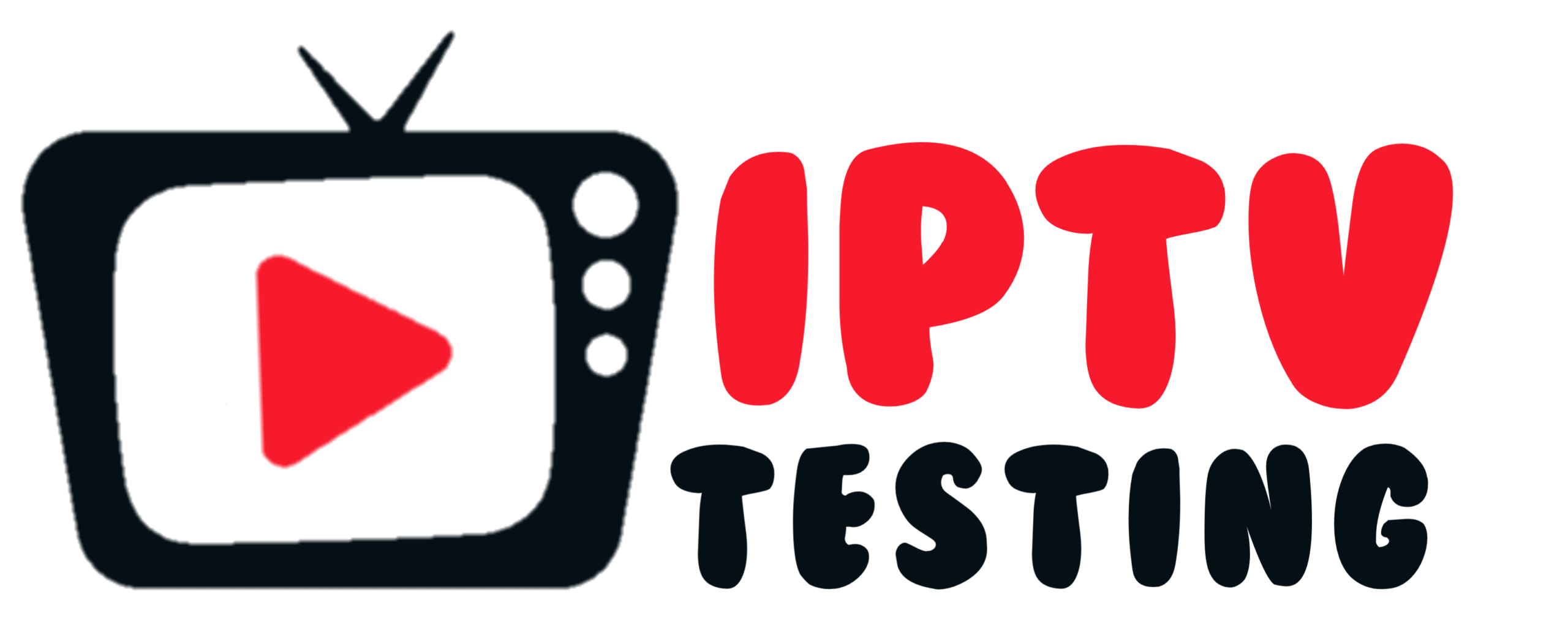 A red retro TV icon with a play button and the text IPTV TESTING; IPTV is in white, and TESTING is in bold red letters.